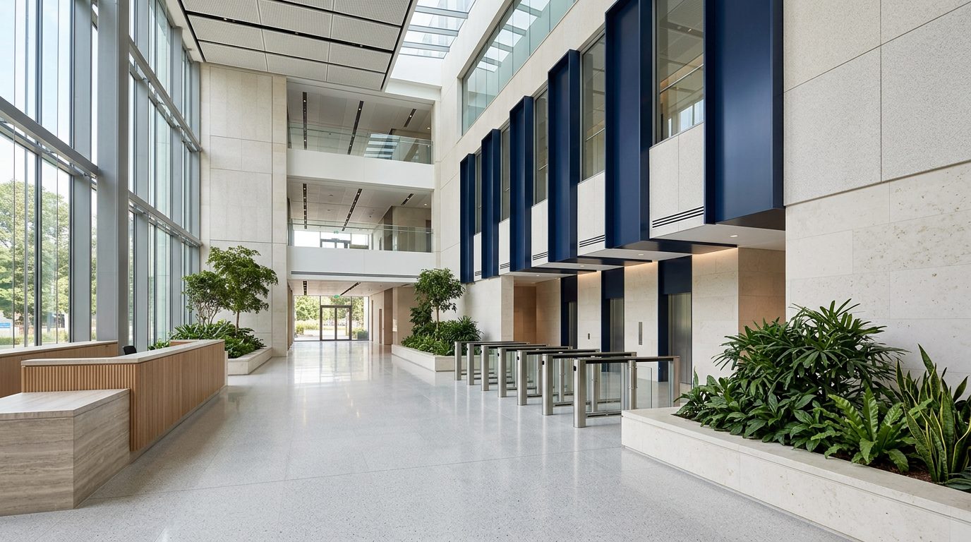 Institutional atrium with flags and a glass facade